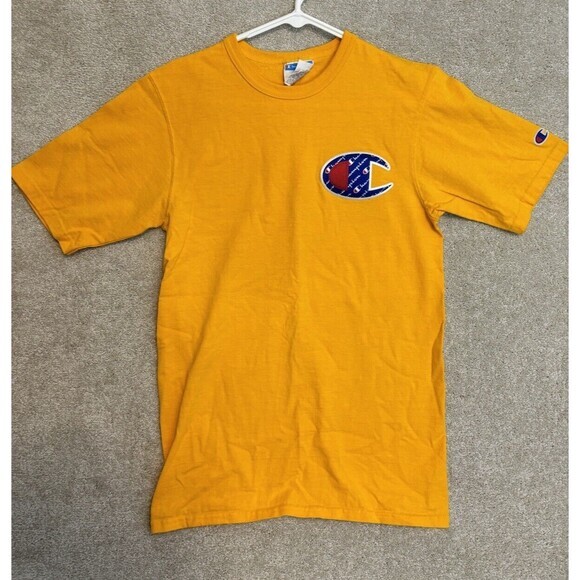 Vintage Champion Shirt Size Small Yellow Embroidered Big Blue "C" Short Sleeve - Picture 2 of 8
